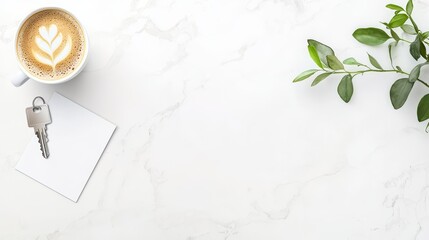 Hotel lobby table with a keycard, brochures, and a cup of coffee, creating a welcoming atmosphere for guests checking in