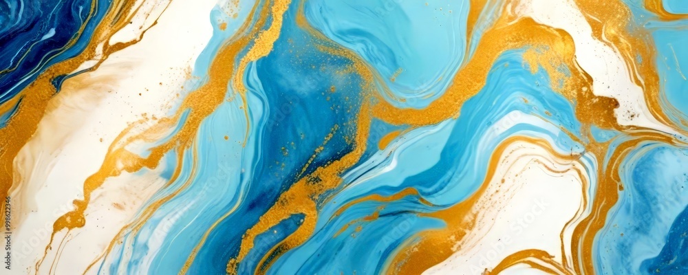 Poster a marble-like abstract pattern with swirling blue and gold hues, creating a sense of movement and de