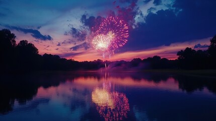 A serene sunset over a calm lake and river, reflecting vibrant orange and blue hues in the sky, surrounded by trees and clouds in a beautiful landscape
