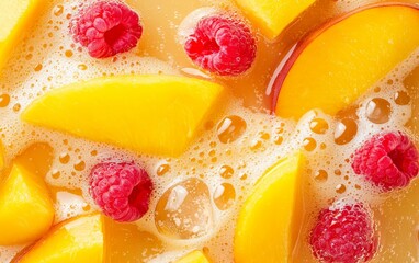 Iced tropical fruit juice with peach, raspberries, and mango, bright yellow liquid with bubbles, surrounded by fresh fruit slices, cool and refreshing drink