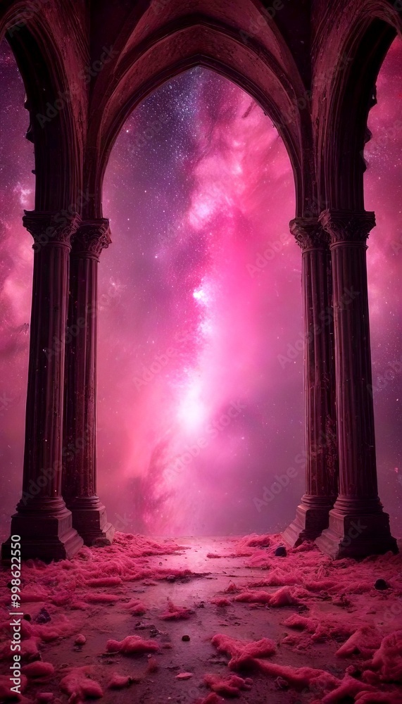 Aufkleber a surreal featuring a grand archway with columns, framed by a vibrant pink and purple sky, creating 
