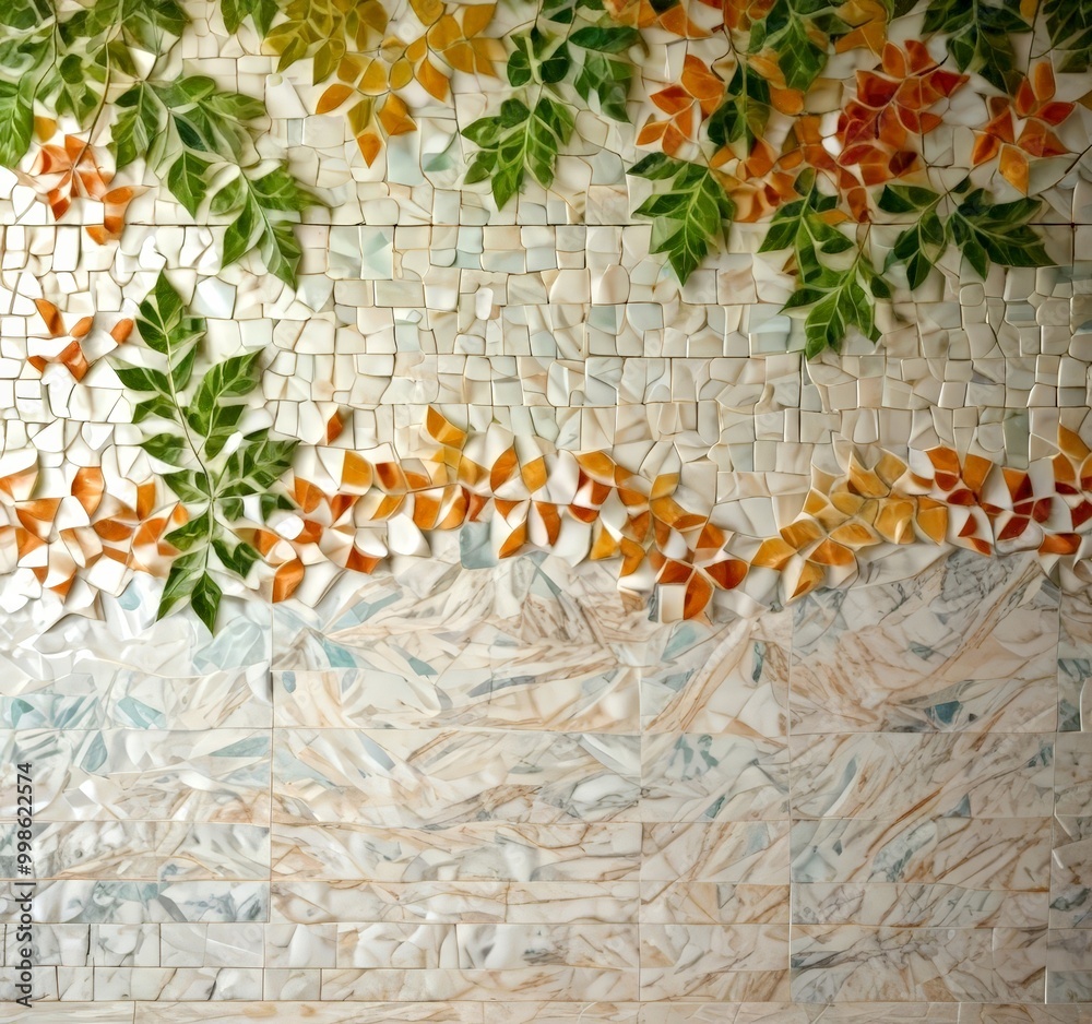 Poster a mosaic wall composed of small, colorful tiles arranged in a pattern, with green leaves and orange 