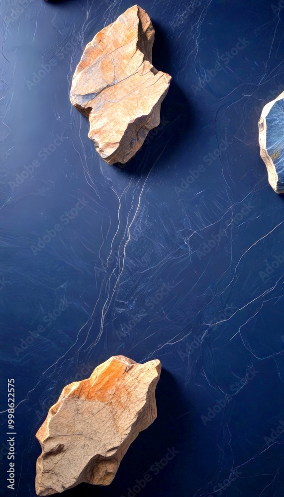 Poster Three large rocks of varying sizes and colors are arranged on a dark blue background, with a subtle pattern of lines and cracks