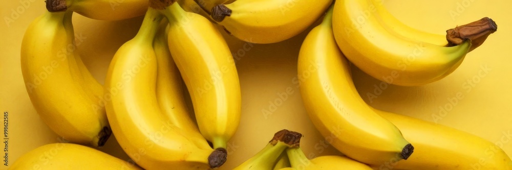 Poster A close-up of several ripe yellow bananas arranged in a circular pattern against a yellow background