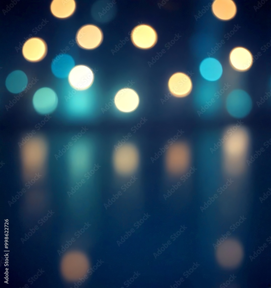 Poster a dark blue background with a pattern of colorful, blurred lights in various shades of blue, yellow,