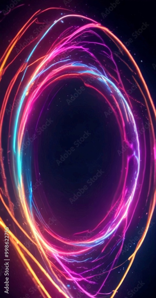Poster a circular pattern of vibrant, multicolored lines and streaks against a dark background, creating a visually striking and dynamic composition