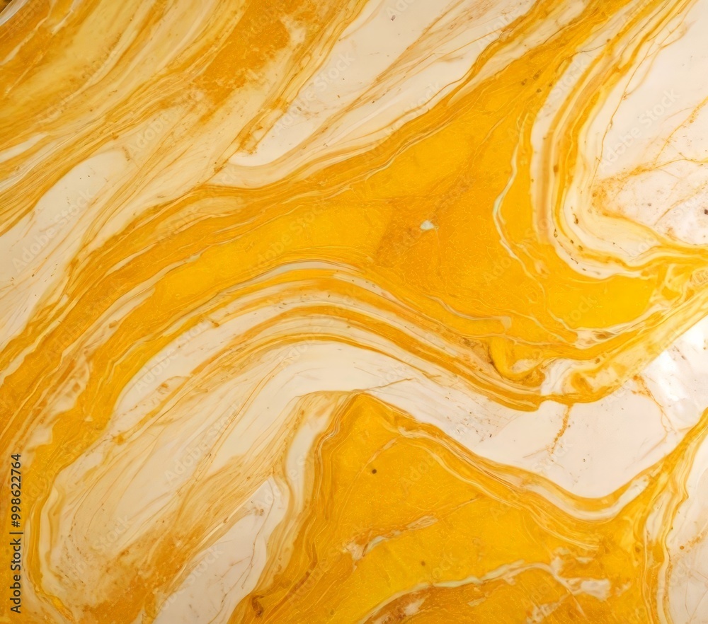 Poster a close-up view marble surface with a swirling pattern of yellow and white hues, creating a sense of movement and dynamism