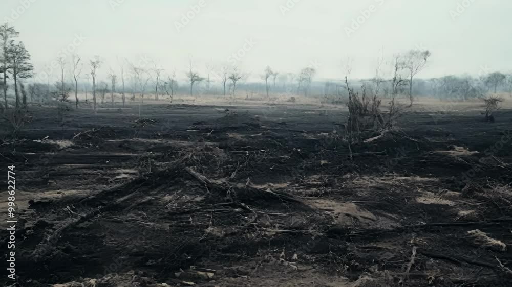 Poster smoke billows above a scorched forest, showing the aftermath of a devastating wildfire and highlight