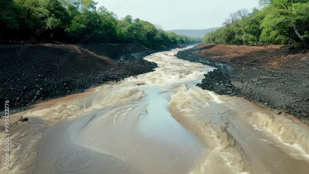 Poster Raging muddy river water is rushing through a ravine after a heavy rainfall, causing erosion and flooding in the surrounding area