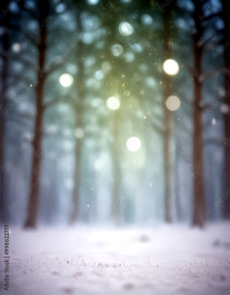 Poster a snowy forest scene with a soft, blurred background of trees and falling snowflakes
