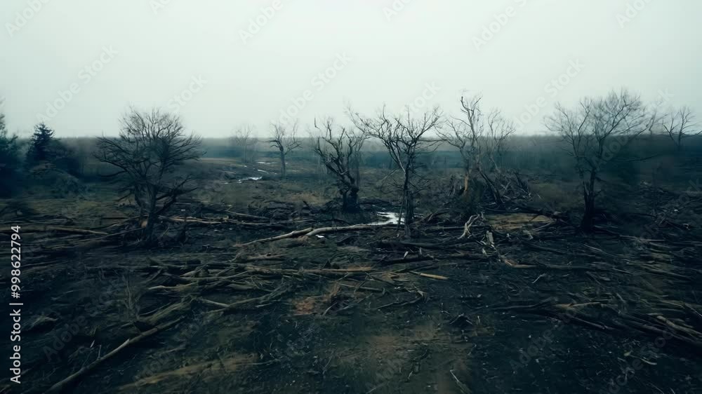 Poster devastated forest, bare branches reaching towards the sky, littered with debris, a stark reminder of