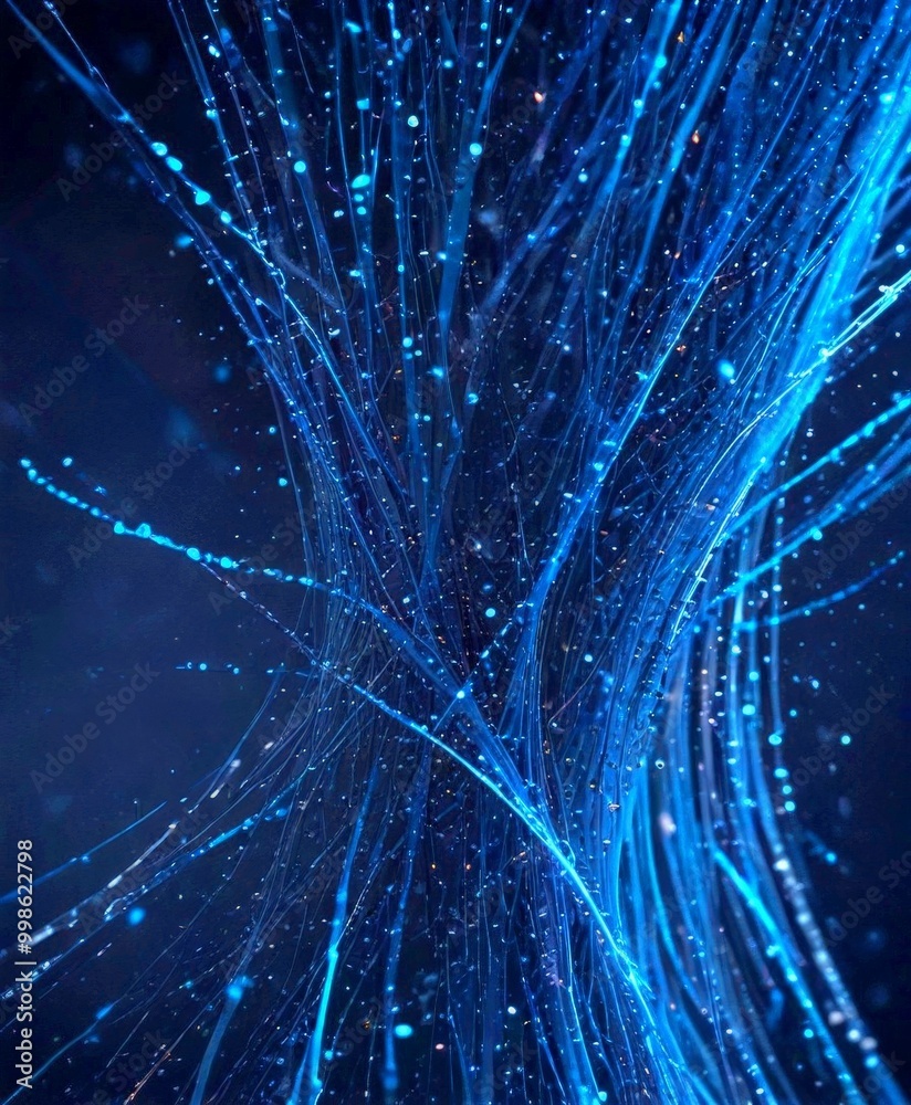 Poster a close-up view network of blue lines and dots, resembling a complex web or a network of interconnected strands The lines and dots are arranged in a way that creates a