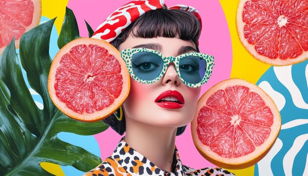 A playful, colorful collage of a retro woman with oversized grapefruit slices, animal prints, and tropical patterns in a pop-art style. - Powered by Adobe