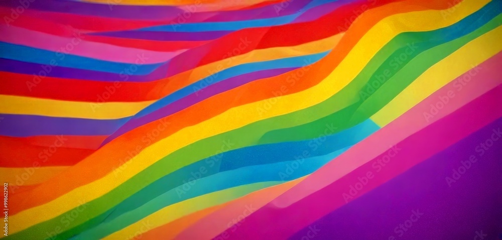 Poster a vibrant abstract pattern composed of overlapping rainbow-colored vertical stripes, creating a dynamic and visually striking composition