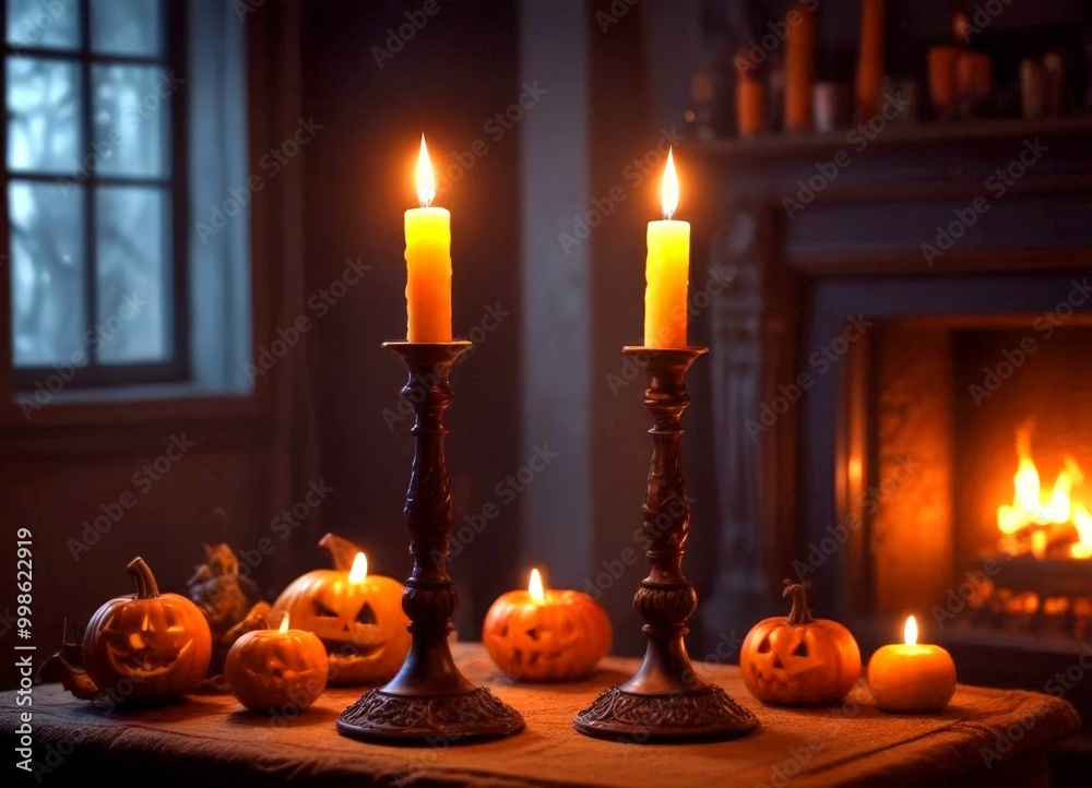 Poster two tall candlesticks with lit candles stand on a table, surrounded by carved pumpkins and a warm fi