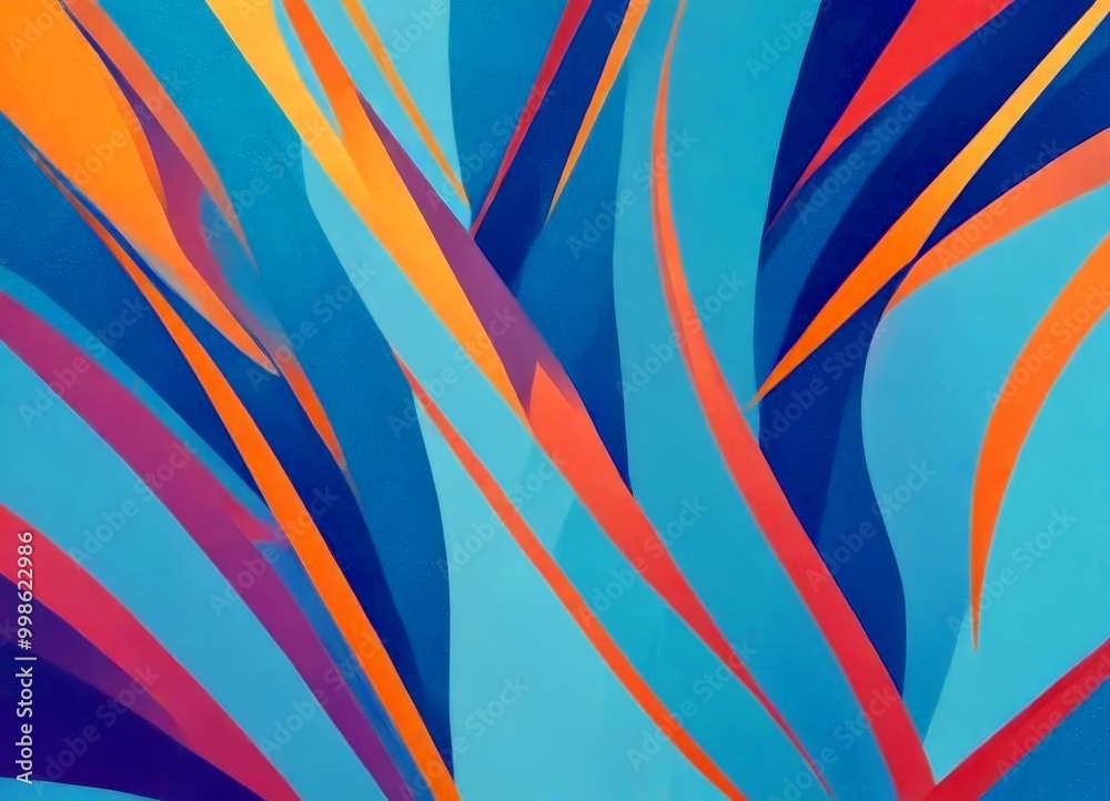 Poster an abstract composition featuring overlapping lines and curves in various shades of blue, orange, and pink, creating a dynamic and visually striking pattern