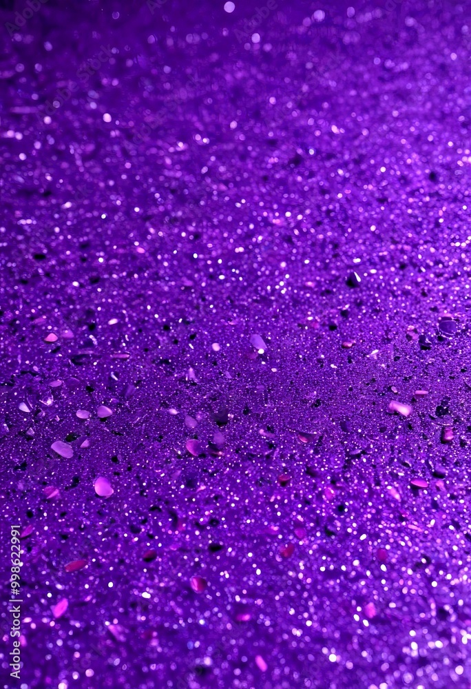 Poster A close-up view textured purple surface with small, irregularly shaped droplets scattered across it, creating a sense of depth and movement