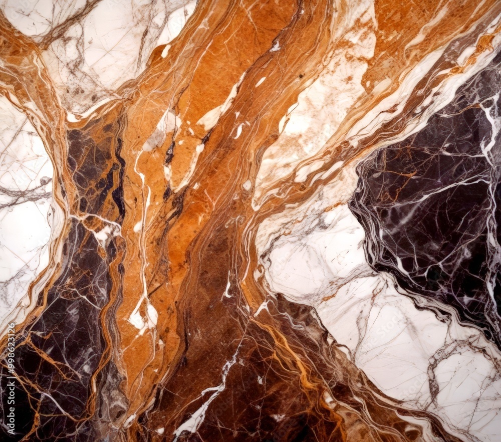 Poster a close-up view marble surface with a swirling pattern of brown, white, and black hues, creating a sense of movement and depth