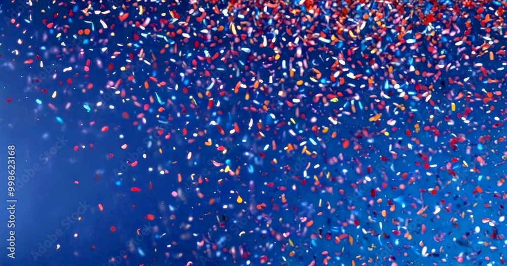 Poster a vibrant display of multicolored confetti falling against a dark blue background