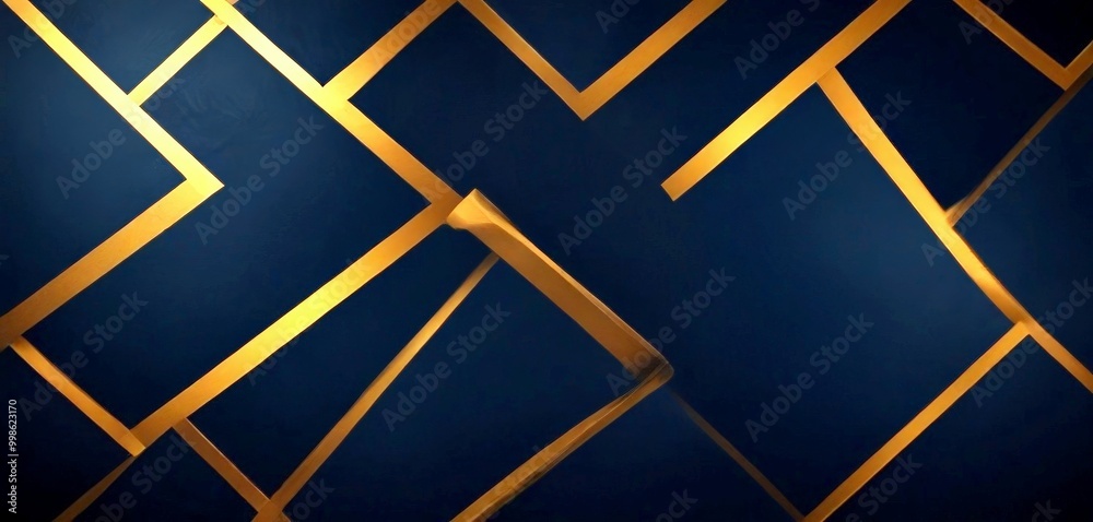 Poster a geometric pattern composed of intersecting diagonal lines in varying shades of gold, set against a dark blue background