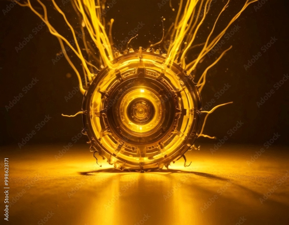 Fototapete a complex, metallic object with a circular opening at its center, surrounded by a network of thin, branching lines emanating from the center, creating a striking visual effect