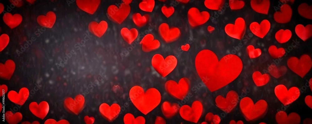 Poster A dark background with red heart shapes scattered randomly, creating a sense of depth and movement