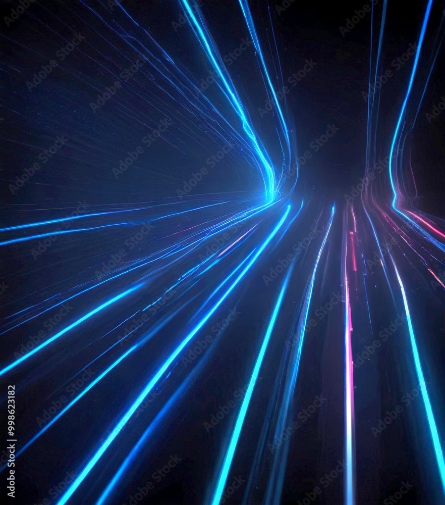 Poster a dynamic scene of light and motion, with blue and pink streaks of light converging towards a central point, creating a sense of depth and movement