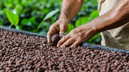Harvesting Cocoa: An experienced farmer&rsquo;s hands gently cradle ripe cocoa beans against a backdrop of lush foliage. The contrast between the farmer&rsquo;s weathered skin and the smooth, cocoa-covered 