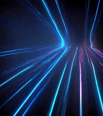 a dynamic scene of light and motion, with blue and pink streaks of light converging towards a central point, creating a sense of depth and movement