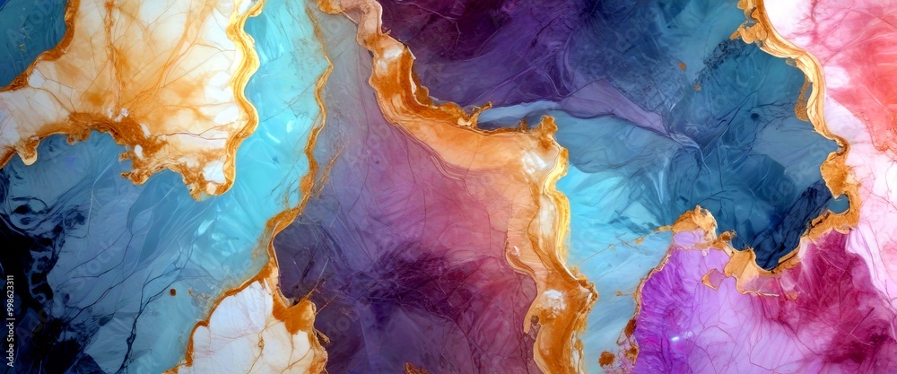 Poster a close-up view textured, abstract painting with a mix of blue, pink, and orange colors the painting