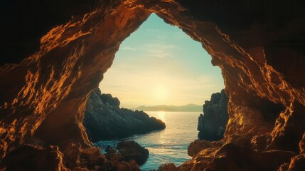 mysterious cave mouth framing a breathtaking vista silhouette of jagged rocks contrasting against a luminous sky sense of adventure and unknown beyond the threshold