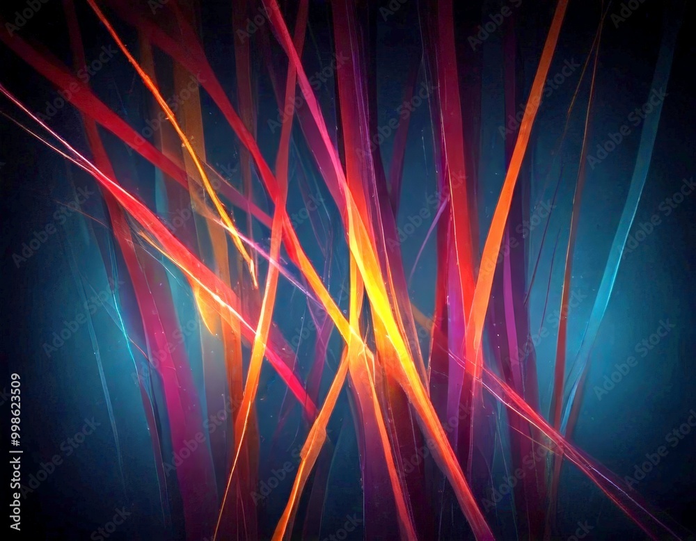 Poster a dark background with a vibrant abstract pattern of intersecting lines and curves in various shades of orange, red, and blue, creating a dynamic and visually striking composition