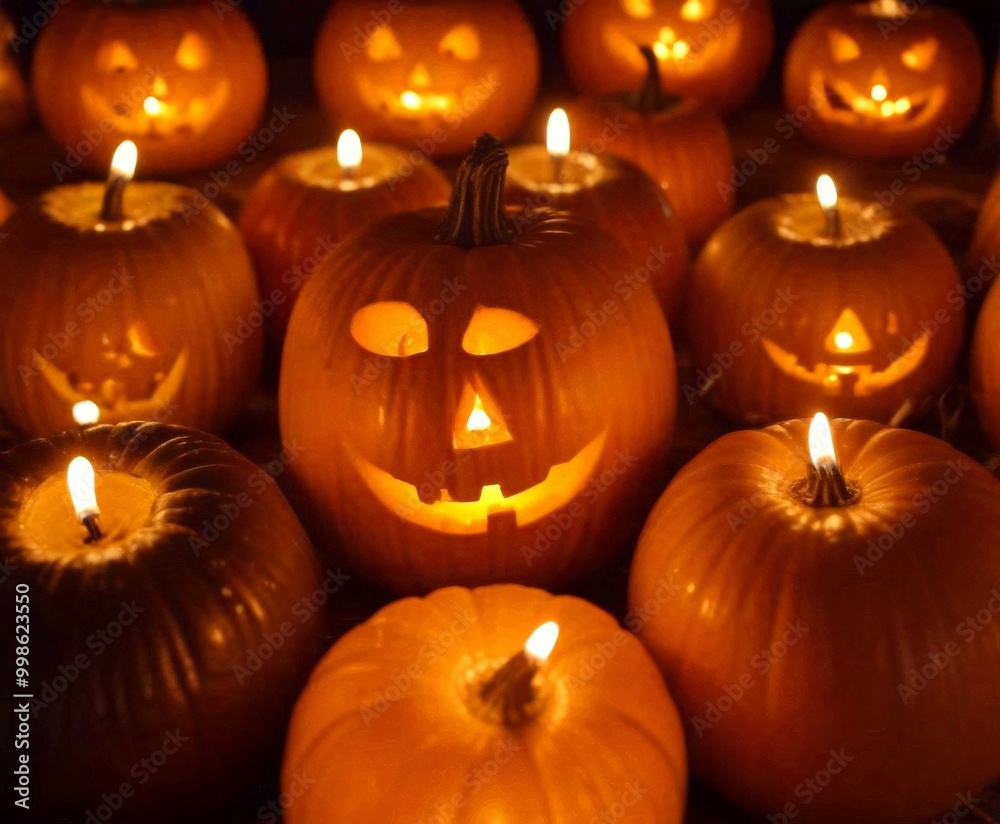 Poster a collection of carved pumpkins with lit candles, arranged in a circular pattern against a dark back