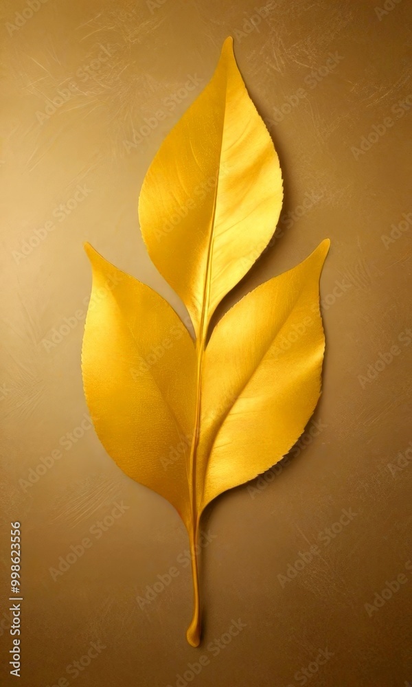 Aufkleber three golden leaves form a triangular shape against a beige background