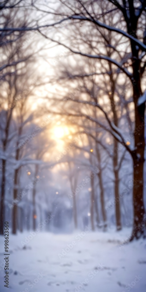 Poster A snowy forest path with bare trees and falling snowflakes, bathed in the warm glow of the setting sun