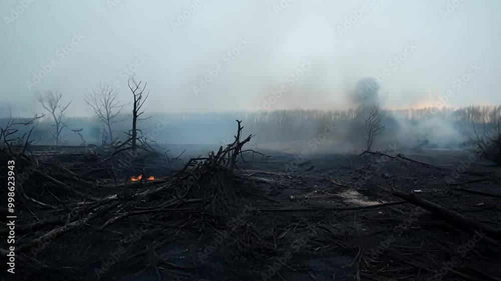 Poster smoke is rising from the charred remains of trees after a devastating wildfire swept through the are