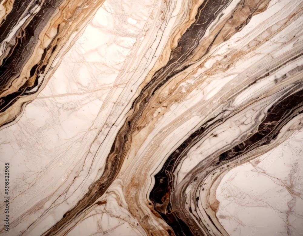 Poster a close-up view marble surface with a striking pattern of swirling lines and swirls in shades of beige, brown, and black