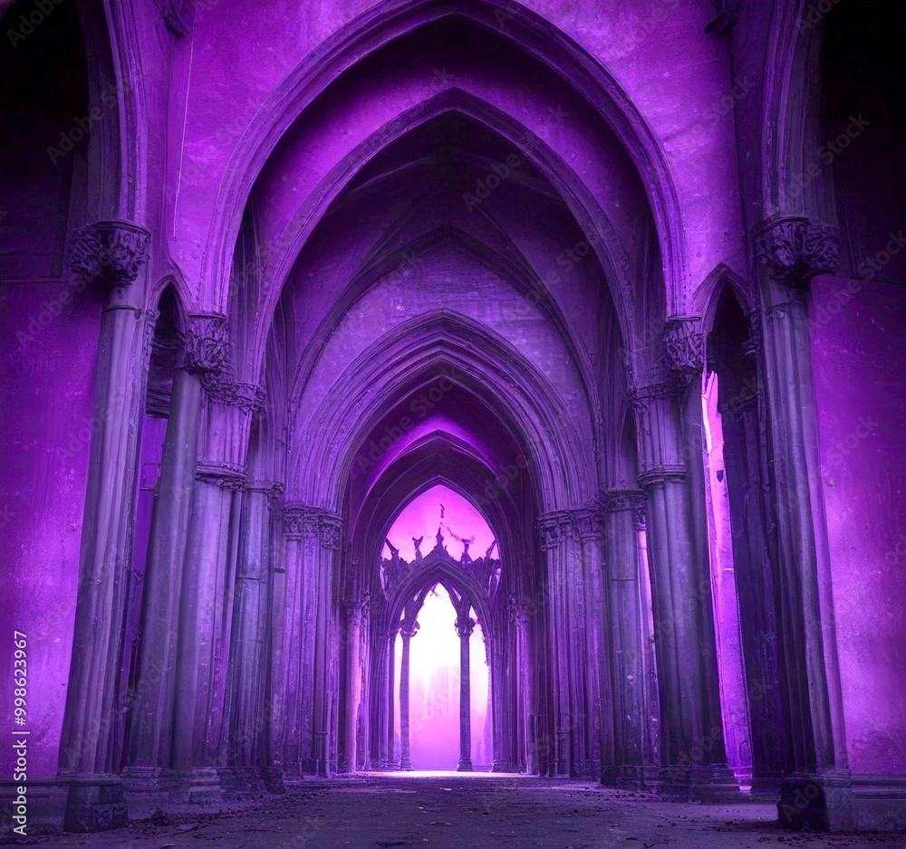 Poster a dimly lit, gothic-style interior building, featuring a series of arched doorways and columns with 