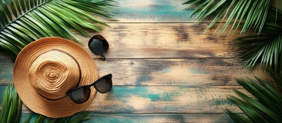 Straw hat, sunglasses and palm leaves on wooden background.