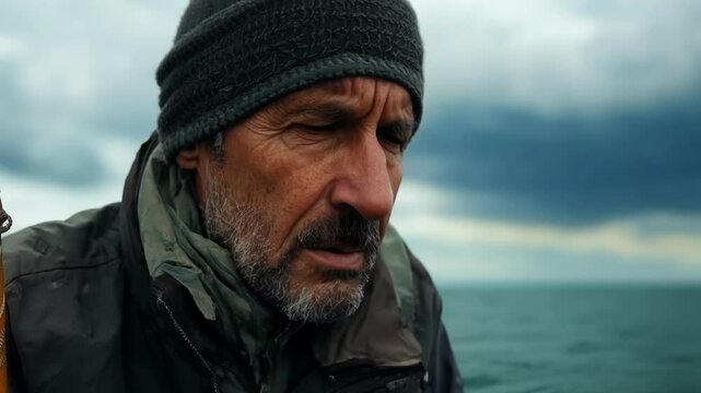 Worried fisherman in warm clothing gazes at the sea, contemplating an impending storm. His concerned look reflects fear and sadness about potential damage from climate change