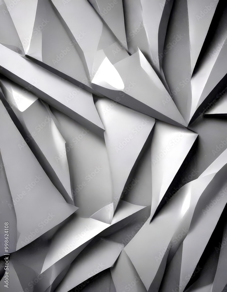 Poster a close-up view geometric pattern composed of numerous triangular shapes, arranged in a complex and intricate manner The predominant color is gray, creating a