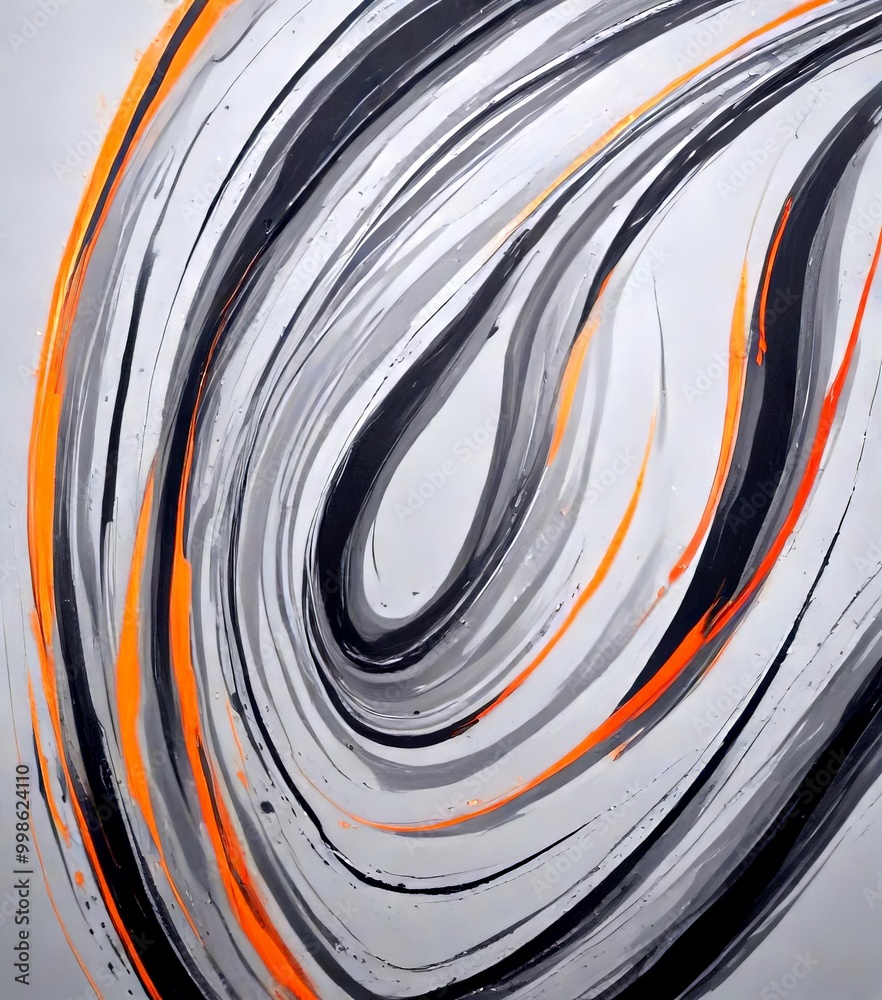 Leinwandbilder Abstract Artwork: A dynamic composition of overlapping curved lines in shades of gray, black, and orange, creating a sense of movement and energy