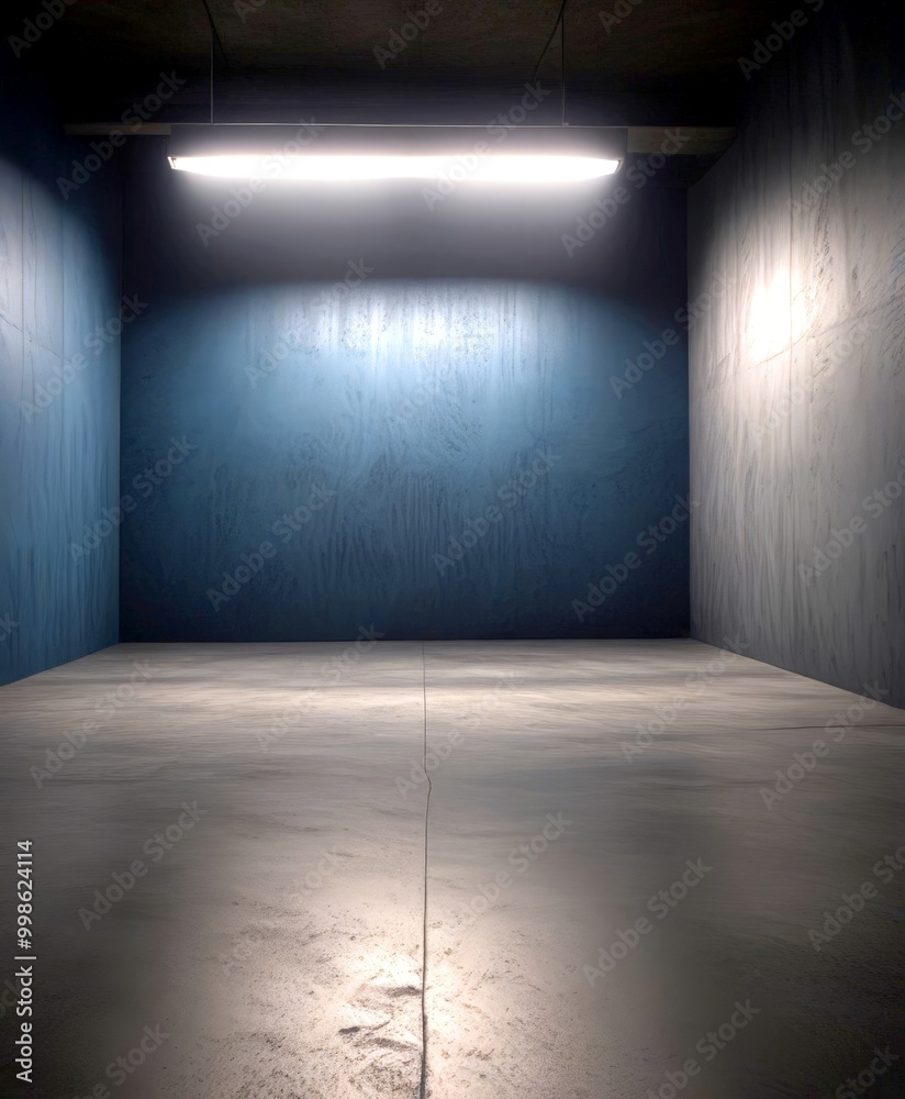 Poster a dimly lit, empty room with a concrete floor and a single light fixture hanging from the ceiling