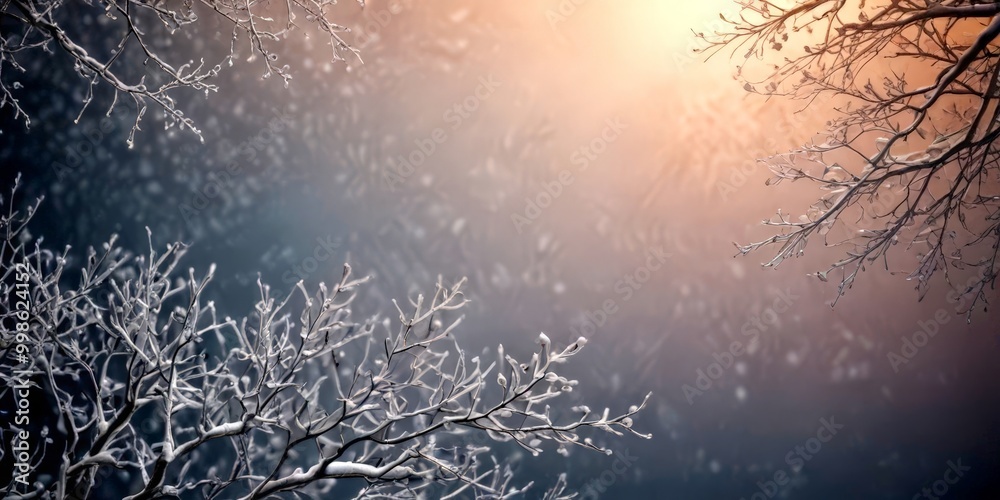 Aufkleber snow-covered branches tree against a blurred, hazy background, with a warm glow from the sun peeking