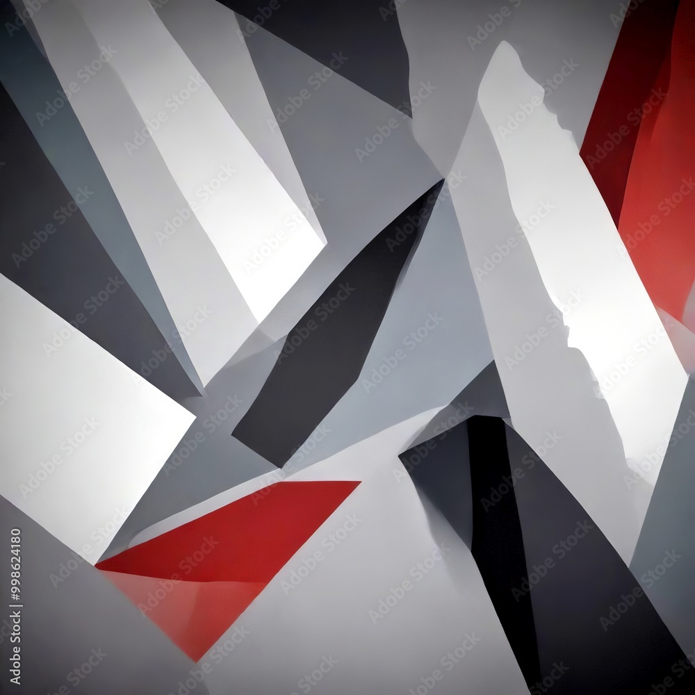 Poster a complex arrangement of intersecting lines and shapes in shades of gray, black, and red, creating a visually striking abstract composition