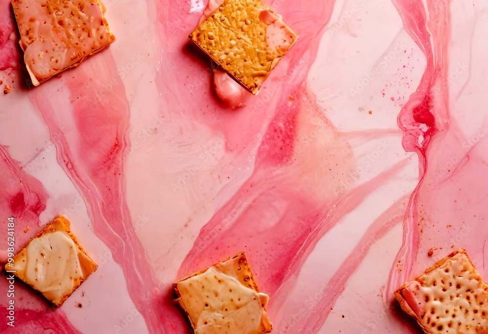 Poster four square crackers with a light pink background, each with a small amount of white icing on top