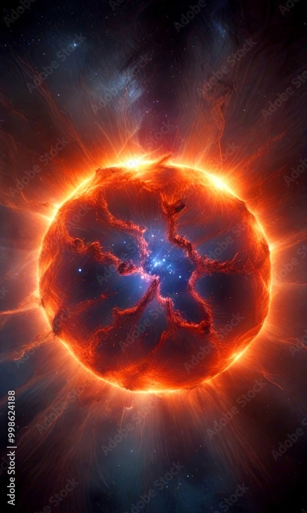 Poster a large, fiery celestial body with a bright center surrounded by swirling clouds of orange and red h