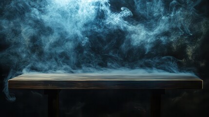 mysterious wooden table shrouded in swirling tendrils of smoke against a dark atmospheric background dramatic lighting creates an air of intrigue and anticipation for product display