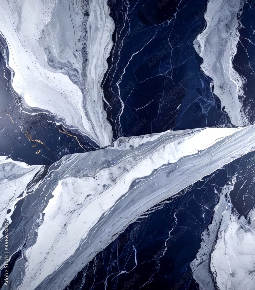 Poster a close-up view marble surface with a striking abstract pattern of swirling lines and curves in shades of blue and white