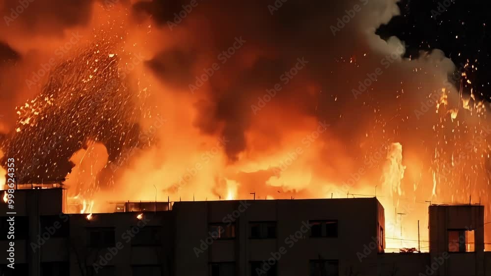 Poster Multiple explosions sending fire and debris into the night sky as a fire rages through the roof of an apartment complex